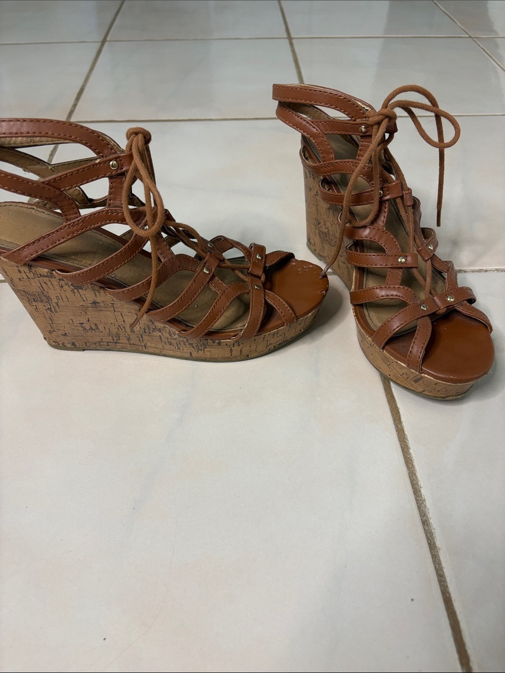 Brash Brown Lace-Up Cork Wedge Sandals. Size  8